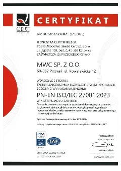 Certyfikat ISO/IEC 27001 wystawiony dla MWC Sp. z o.o.